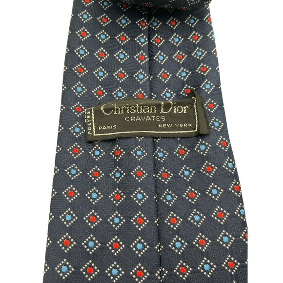 Christian Dior Navy Blue Geometric Neck Tie Made in USA Fabric Italy Used - Picture 2 of 5